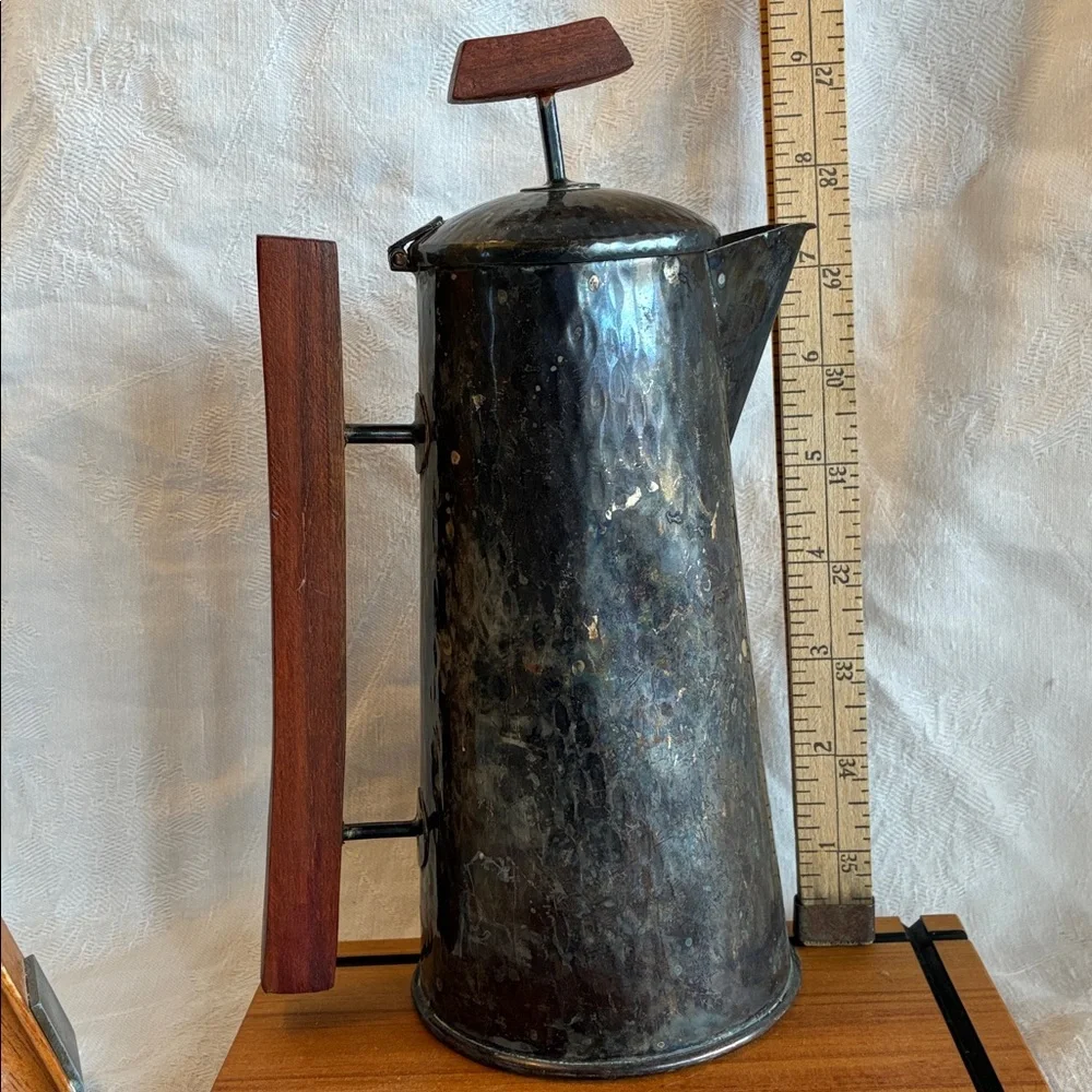 Silver-plated Coffee or Tea Pot + Teak Cheese Board hammered texture wood handle